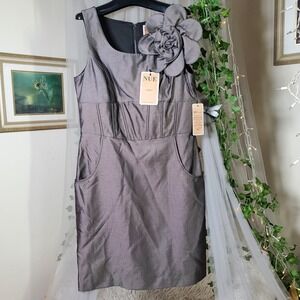 NUE by Shani Gunmetal Midi Dress Size 12 Flower Pin Pockets Shapewear NWT $320